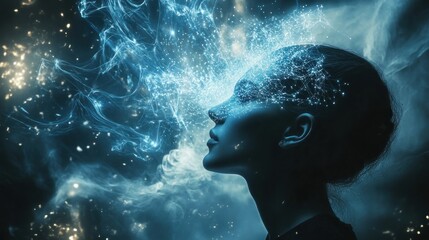 Ethereal portrait of a woman with flowing blue energy