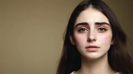 Fototapeta premium Teenage girl before and after acne treatment on beige background
