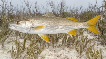 Close-up of a slender, light-colored fish swimming in shallow water among aquatic vegetation