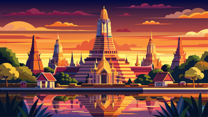 Wat Arun panorama view at sunset, A Buddhist temple in Bangkok, Thailand, Wat Arun is one of the most well known of Thailand's landmarks