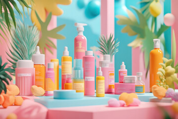 "Vibrant display showcasing new skincare range in modern beauty store window with clean, minimalist packaging and enticing product assortment."