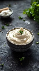 Creamy Mayonnaise in Bowl Garnished with Parsley on Dark Textured Background