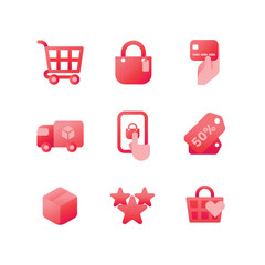 A set of 9 e-commerce and shopping icons, including cart, bag, delivery, credit card, discount, online shopping, wishlist, and product review. Modern flat style.