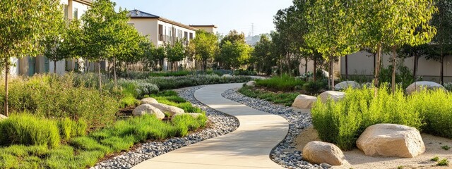 Modern sustainable community with eco-friendly buildings and green spaces