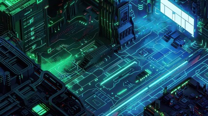 Fototapeta premium A high-tech circuit board glowing in neon blue and green -