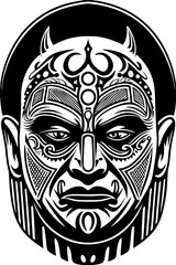 Naklejka premium Ornate tribal-style mask with detailed facial patterns and horn-like features. The design blends symmetry and cultural motifs to create a powerful, mystical expression.