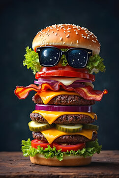 Floating Ingredients Cheeseburger Isolated on Black Background