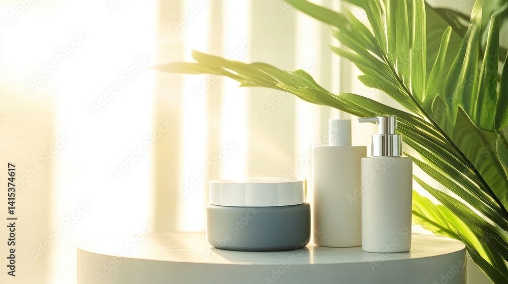 Poster elegant skincare products arranged on a table with soft sunlight filtering through curtains