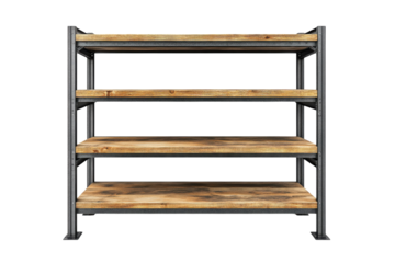 Industrial style four tier wooden shelf unit perfect for rustic home decor or warehouse aesthetic Sturdy metal frame with four wide on transparent background