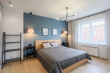 interior room apartment bedroom with bed, cozy place to sleep and relax
