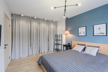 interior room apartment bedroom with bed, cozy place to sleep and relax