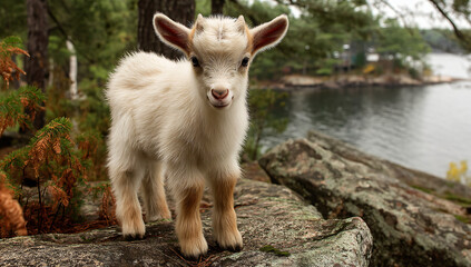 Fototapeta premium Adorable baby goat standing on a rock by a lake. Soft, fluffy fur, and a curious gaze. Peaceful nature scene.