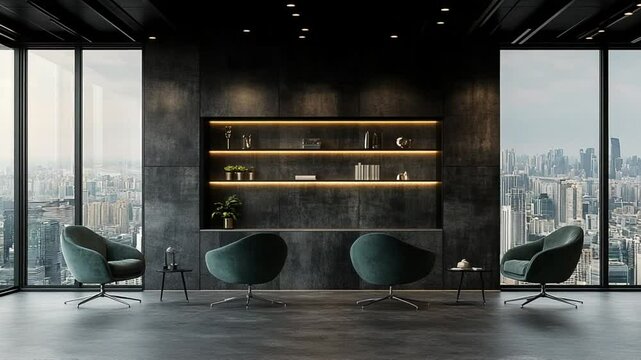 Sophisticated Urban Lounge: Contemporary Interior with Cityscape Views and Modern Design
