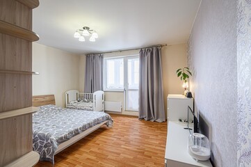 interior room apartment bedroom with bed, cozy place to sleep and relax