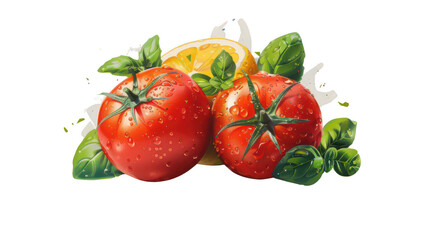 Fresh tomatoes lemon and basil still life food photography close up view on transparent background
