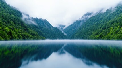 Fototapeta premium Misty mountain lake, serene valley