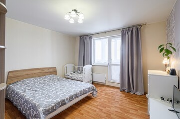 interior room apartment bedroom with bed, cozy place to sleep and relax