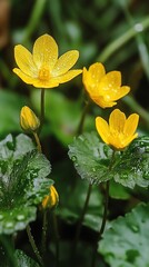 Fresh Yellow Marsh Marigold Blossoms with Water Droplets on Greenery Outdoor
