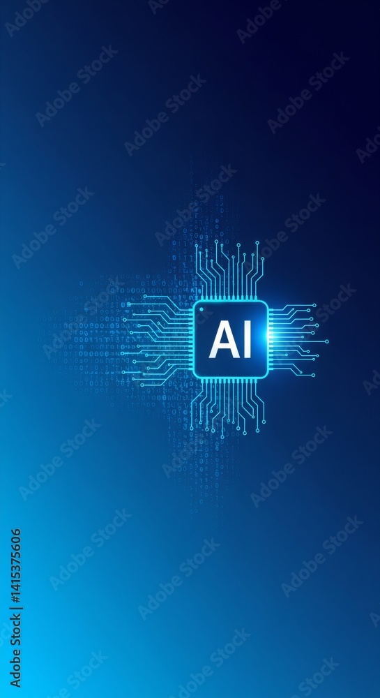 Poster artificial intelligence microchip symbol on blue gradient background. ai technology concept. digital