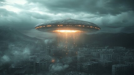 Obraz premium Alien Invasion Over a Destroyed City