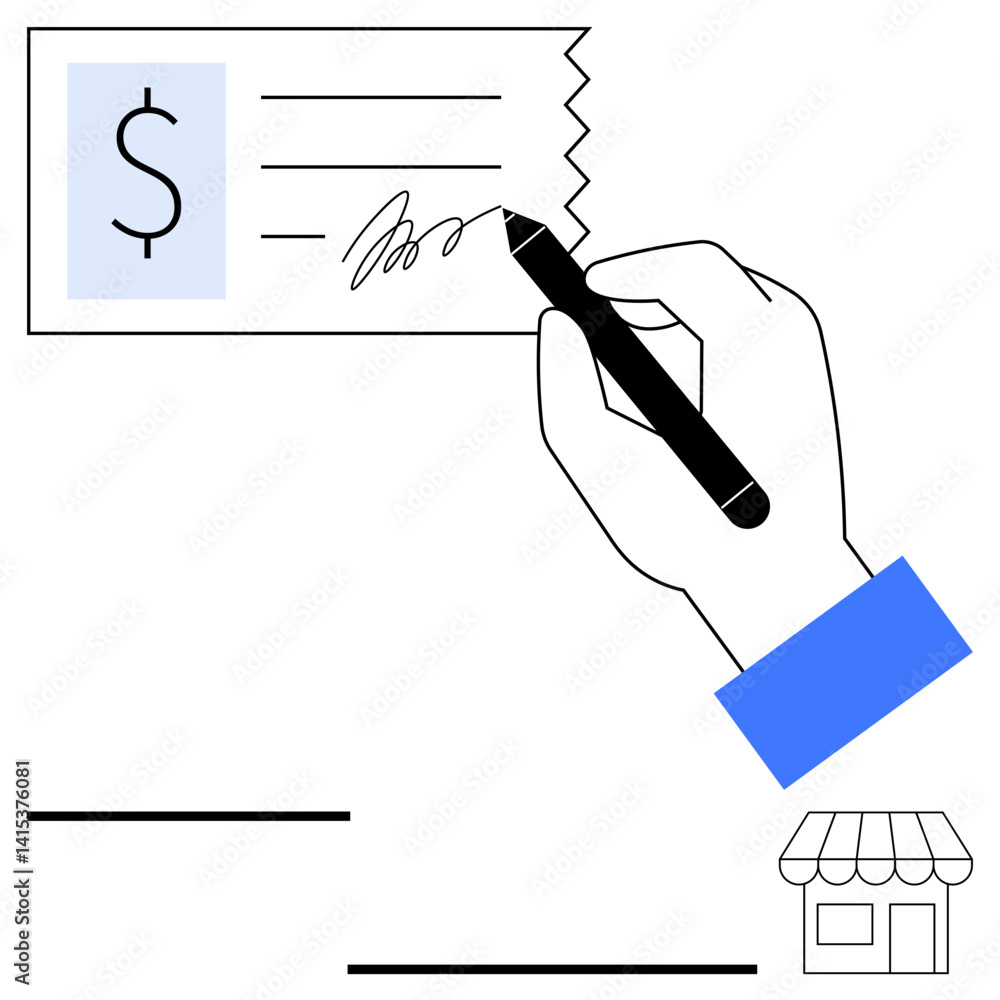 Poster hand using pen to sign check with dollar icon and small retail store symbol in minimal style. ideal 