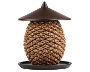 Artistic bird feeder shaped like a pine cone on a transparent background
