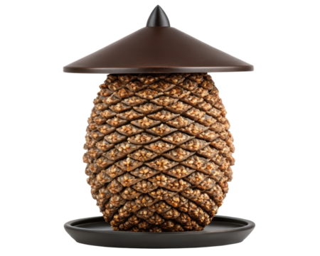 Artistic bird feeder shaped like a pine cone on a transparent background