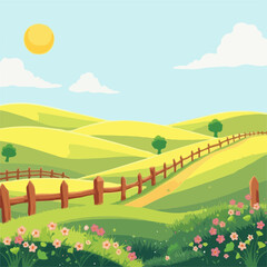 Fototapeta premium A Serene Countryside Vista with Rolling Green Hills, a Winding Path, Rustic Wooden Fences, and a Bright Sunny Sky