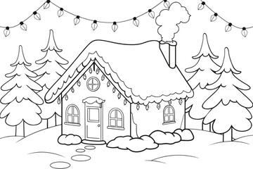 Fototapeta premium Charming gingerbread house coloring page in snowy forest.