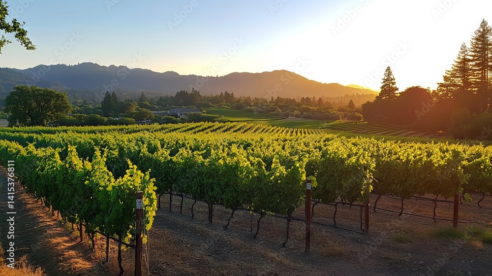 Aufkleber Basking in the warm glow of the golden hour, this scenic vineyard showcases rows of vibrant grapevines, with hills and trees creating a beautiful backdrop. The atmosphere is serene and inviting