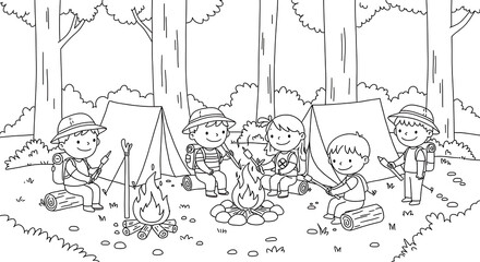 Obraz premium kids camping in the forest cartoon coloring page