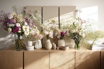 Lush floral arrangements in delicate vases adorn a textured wooden sideboard, bathed in soft, natural light. A serene and elegant still life