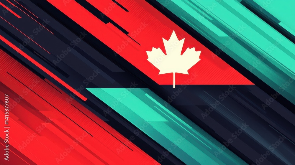 Poster vibrant canadian flag abstraction with a maple leaf against a dynamic geometric backdrop.