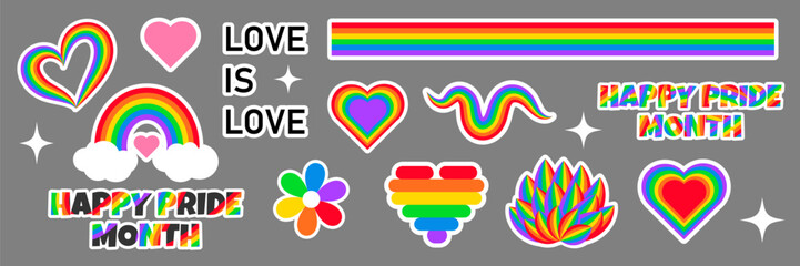 LGBTQ sticker pack on gray background. Colorful collection representing LGBTQ pride community. Rainbow symbols and inclusive elements celebrating diversity and love. Vector EPS10