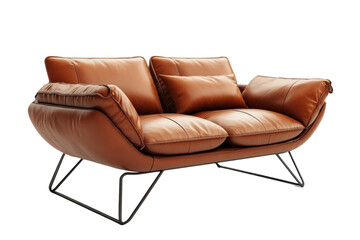 Luxurious brown leather sofa with tufted cushions sleek black metal legs isolated on black background modern design comfortable seating on transparent background