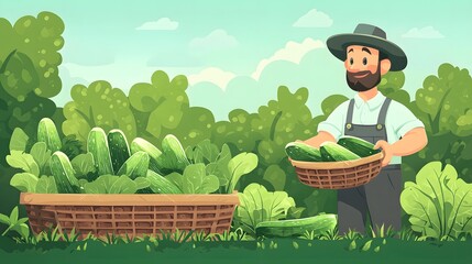 Organic healthcare focus farmer harvesting fresh zucchini in lush garden environment for sustainable living