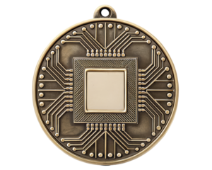 Bronze medal featuring intricate circuit design patterns on a transparent background