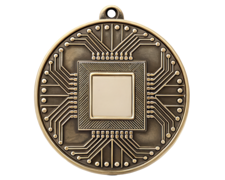 Bronze medal featuring intricate circuit design patterns on a transparent background