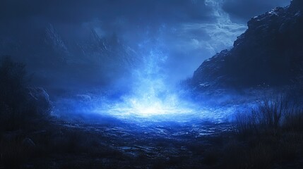 Mystical Blue Portal in a Dark Landscape