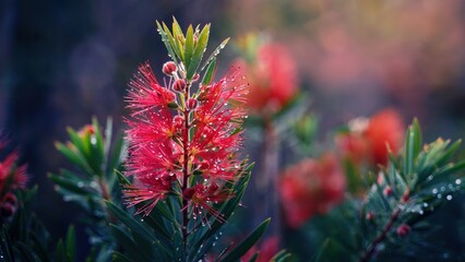 Bottlebrush Flower with Water Droplets Close Up
