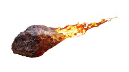 Meteor asteroid fireball space rock flaming comet isolated on black background on transparent background