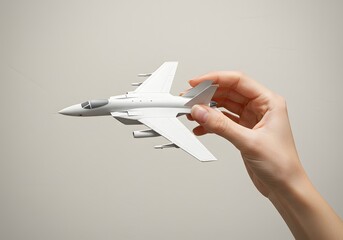 Aviation in Hand—Minimalist Shot of a Woman Holding a White Aircraft Model Against a Neutral Backdrop