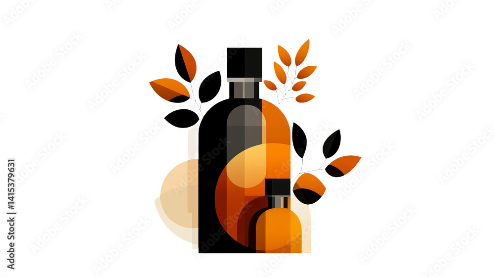 Poster abstract bottles are displayed with artistic leaf accents against a stark black backdrop, creating a