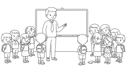 kids and teacher in the classroom, coloring page for children, Black and white illustration.