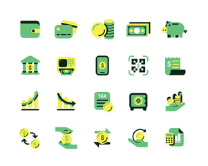 Colorful finance icon set with wallet, credit card, coin, chart, QR payment, bank, and more. Modern flat style perfect for apps, websites, or infographics.