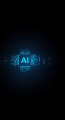Artificial intelligence chip concept on dark background. Glowing blue AI processor with digital data streams. Futuristic technology and machine learning visualization.