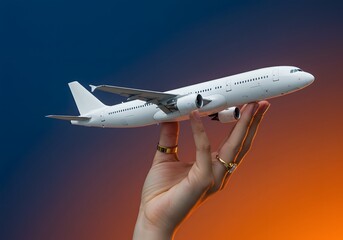 Flight in Motion—A Woman’s Hand Holding a White Aircraft Model Against a Dynamic Gradient Backdrop