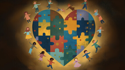 Autism awareness heart, intricately designed with puzzle pieces in spectrum colors, floating in space, surrounded by diverse smiling children holding hands
