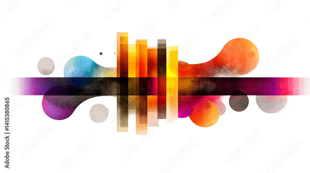 Aufkleber abstract digital design features layered geometric shapes and colorful gradients on a stark black ba