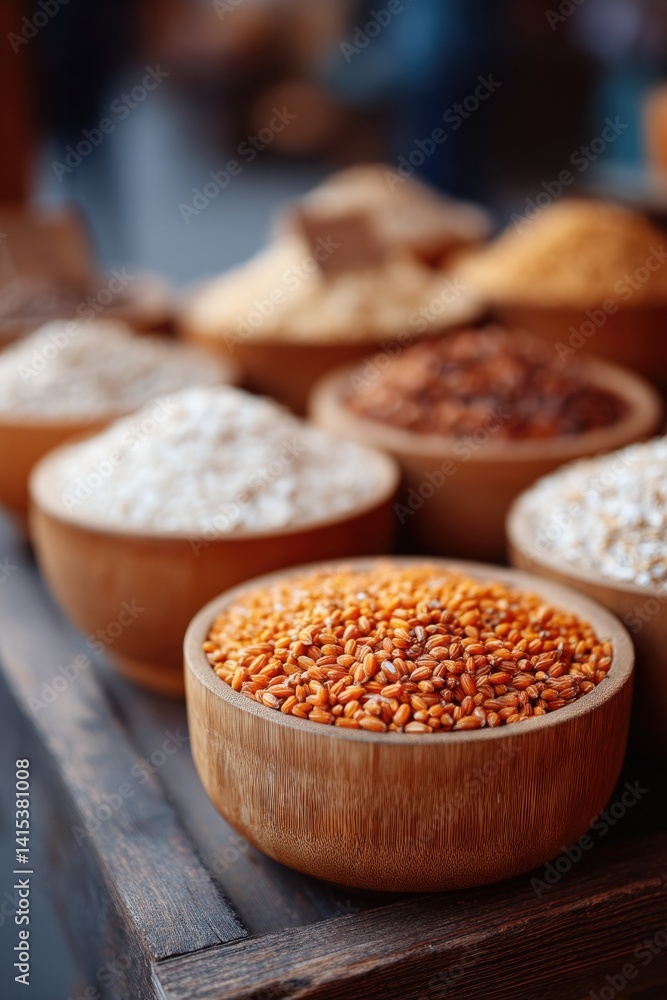 Poster close-up of assorted grains and cereals in simple bowls with blurred figures in background